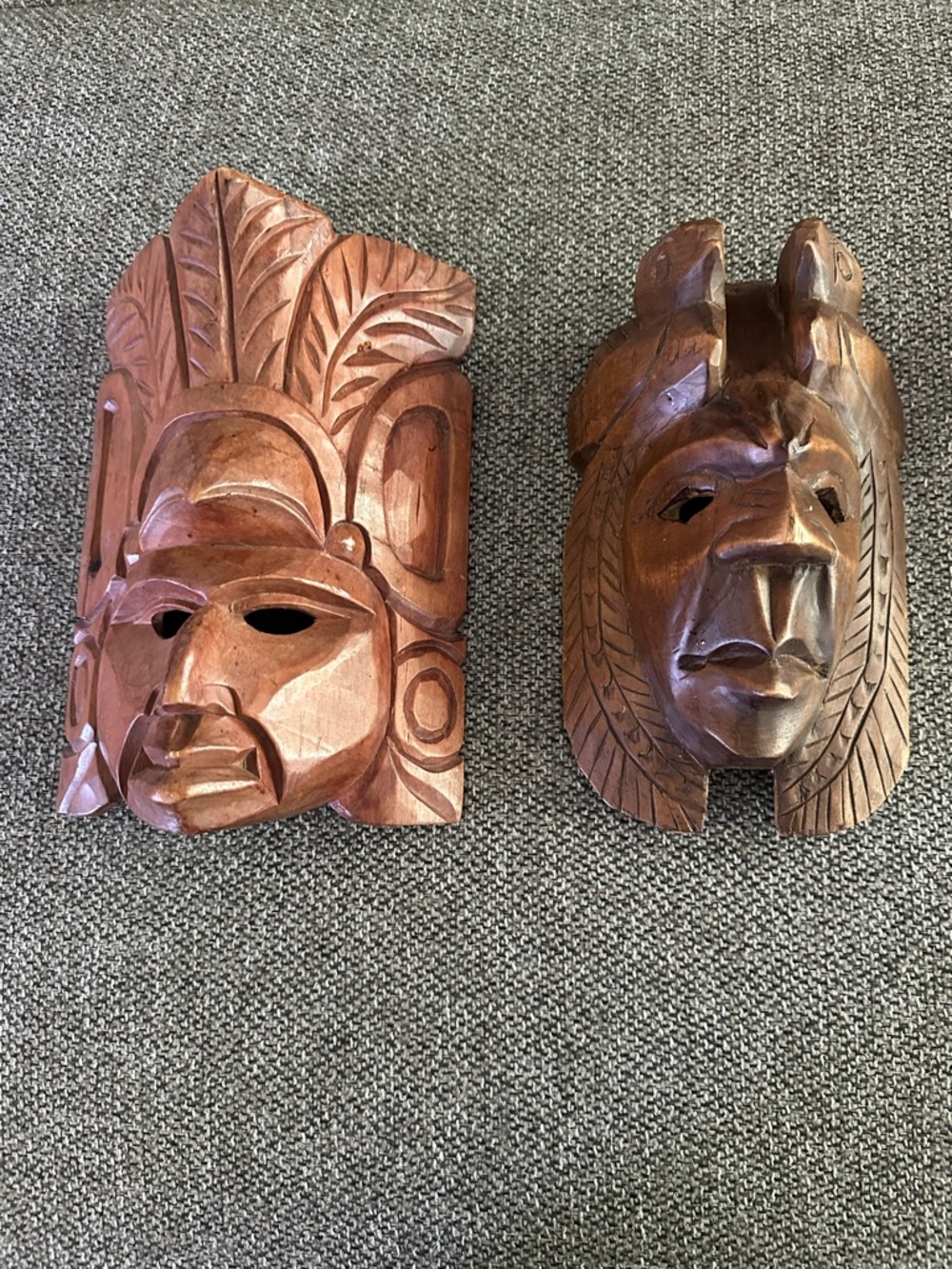 Hand Carved Wood Aztec Masks - Pair - Brown